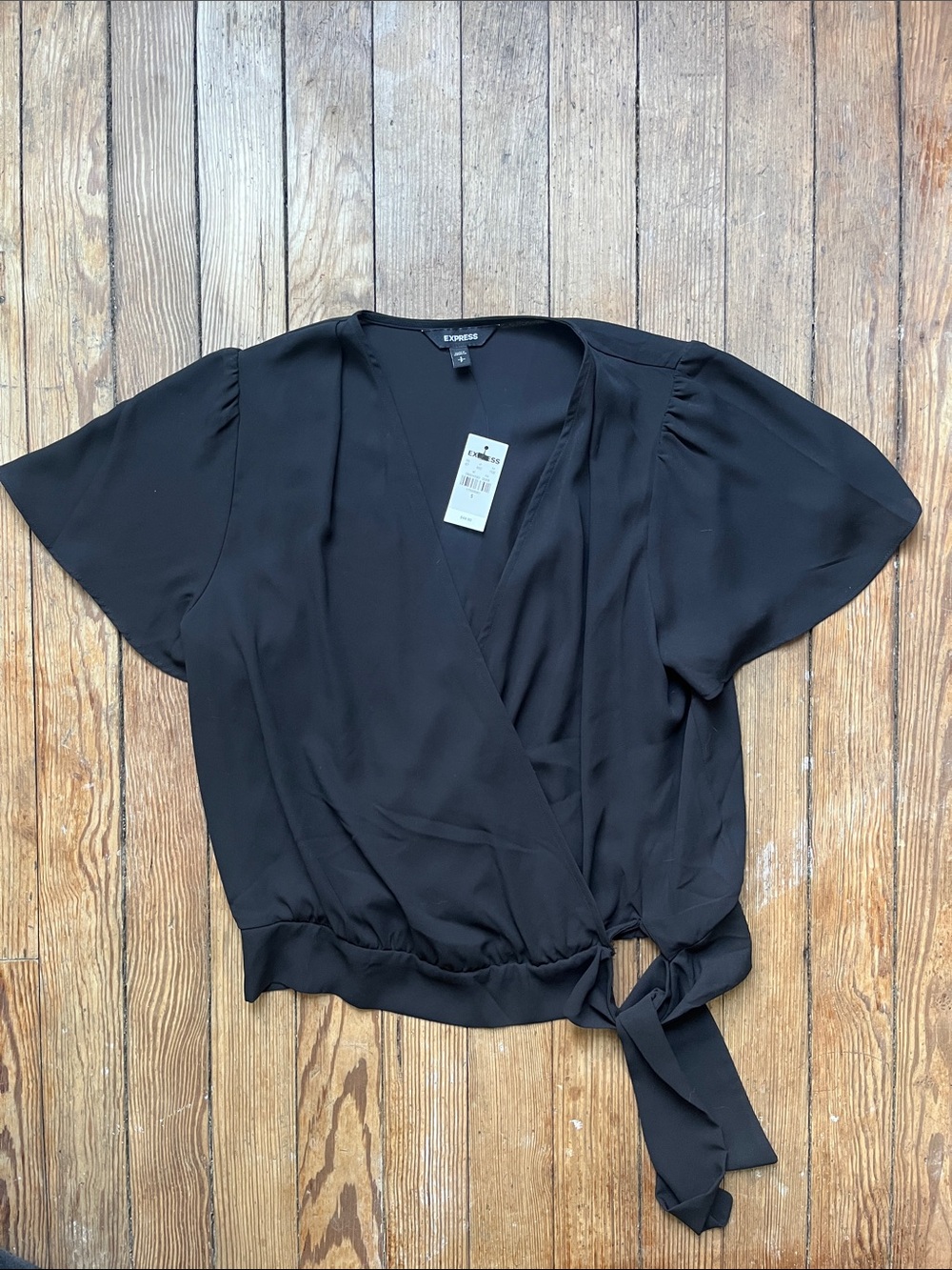 Express Black Wrap Tie Surplice Short Sleeve Blouse